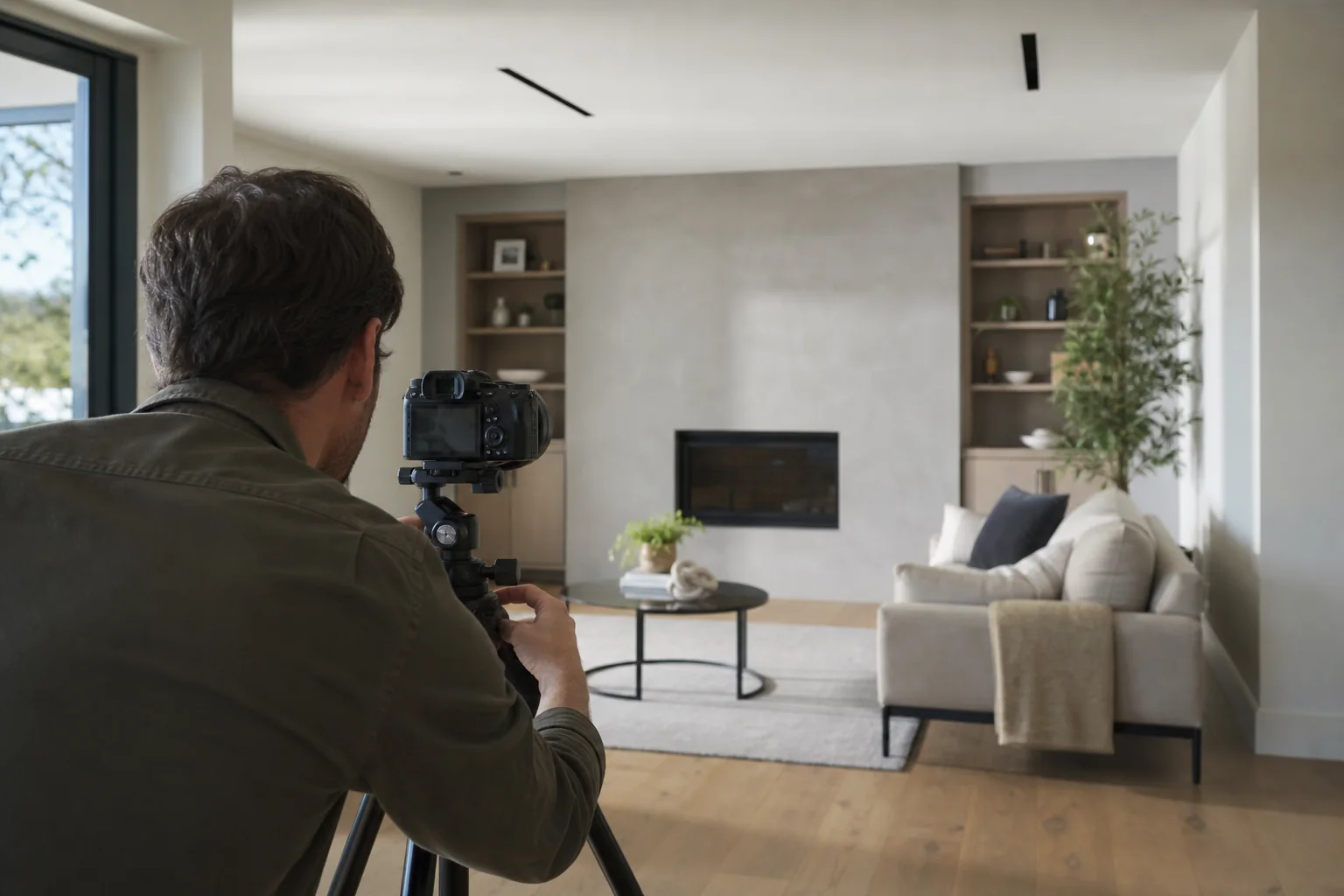 Real estate photographer carefully framing a modern living room